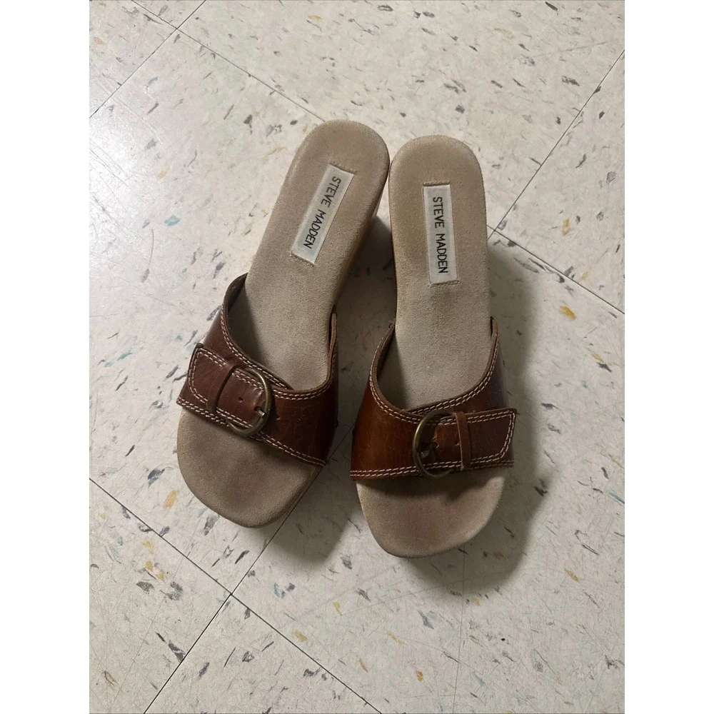 Steve Madden Brown Leather Wood Wedge Sandals Buckle Y2K Size 8 Festival Boho